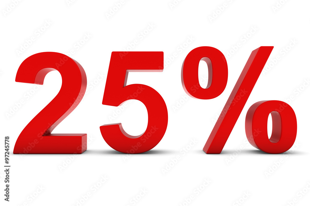 25% - Twenty Five Percent Red 3D Text Isolated on White