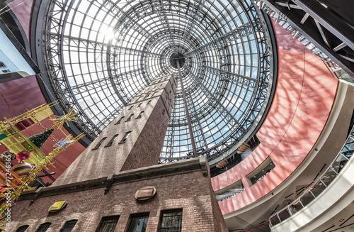 Looking up beside shot tower at the domed roof of Melbourne cent