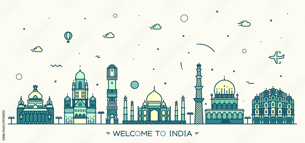 Indian skyline vector illustration linear style