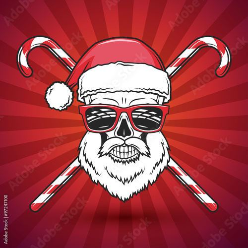 Bad Santa Claus biker with candy cones print design. Vintage Heavy metal Christmas portrait. Rock and roll new year t-shirt illustration