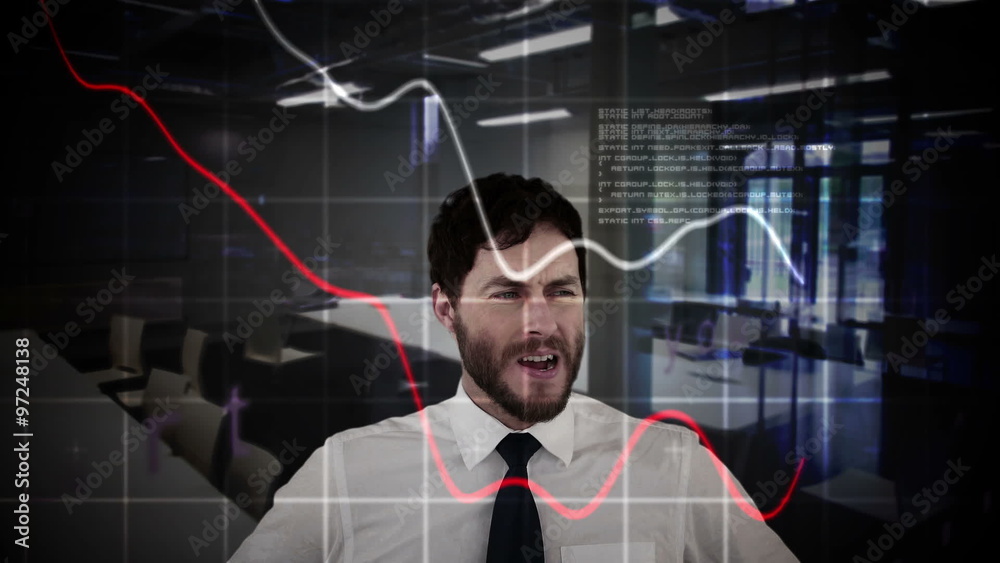 Stressed businessman with hands on head and digital graphic Stressed businessman with hands on head and digital graphic