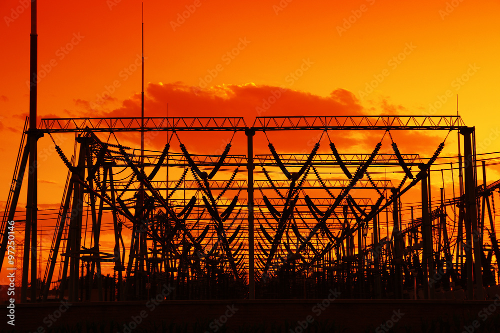The silhouette of high voltage substations