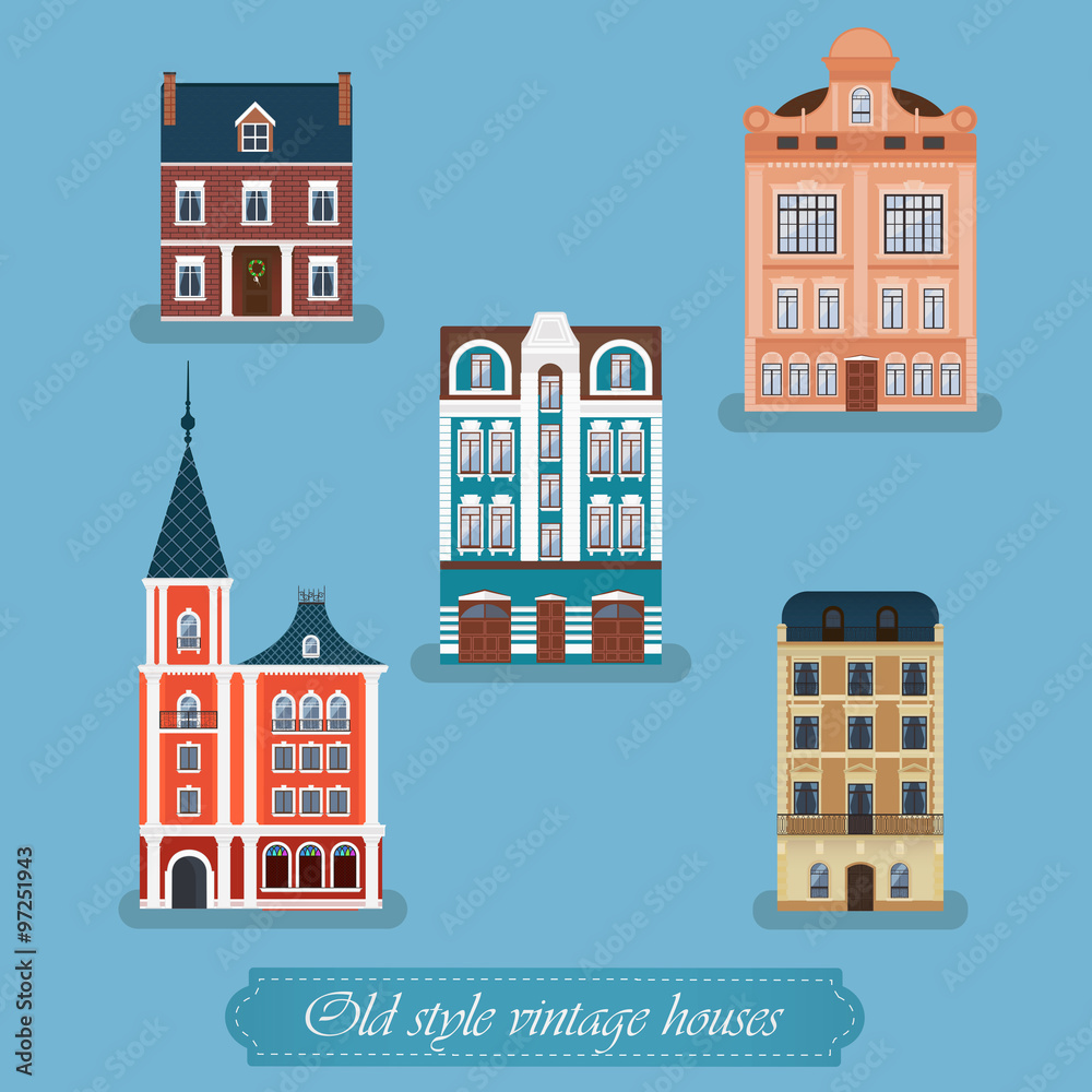 Old style vintage houses set. Town city