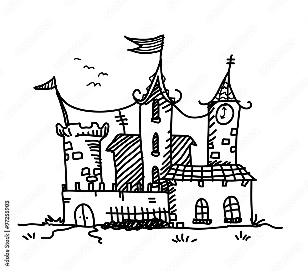 Medieval Mansion Doodle, a hand drawn vector doodle illustration of a medieval mansion building.