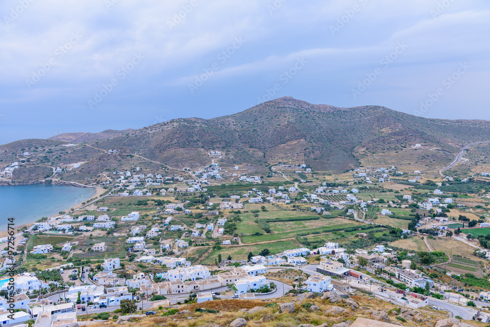 Panorama of the coast of the Greek island of IOS, Cyclades, Greece.