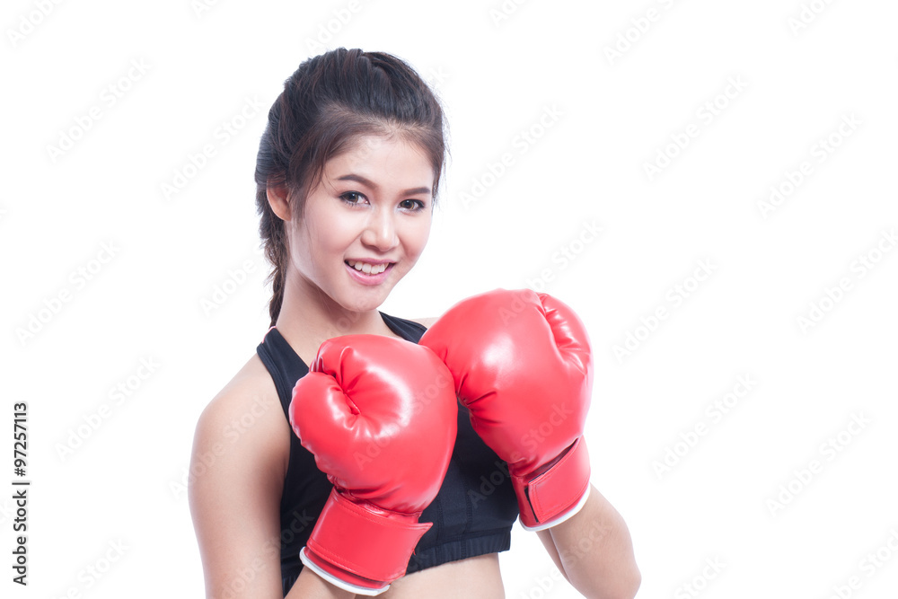 Boxer woman. Boxing fitness woman smiling happy wearing red boxing gloves on white background. Boxer woman. Boxing fitness woman smiling happy wearing red boxing gloves on white background.