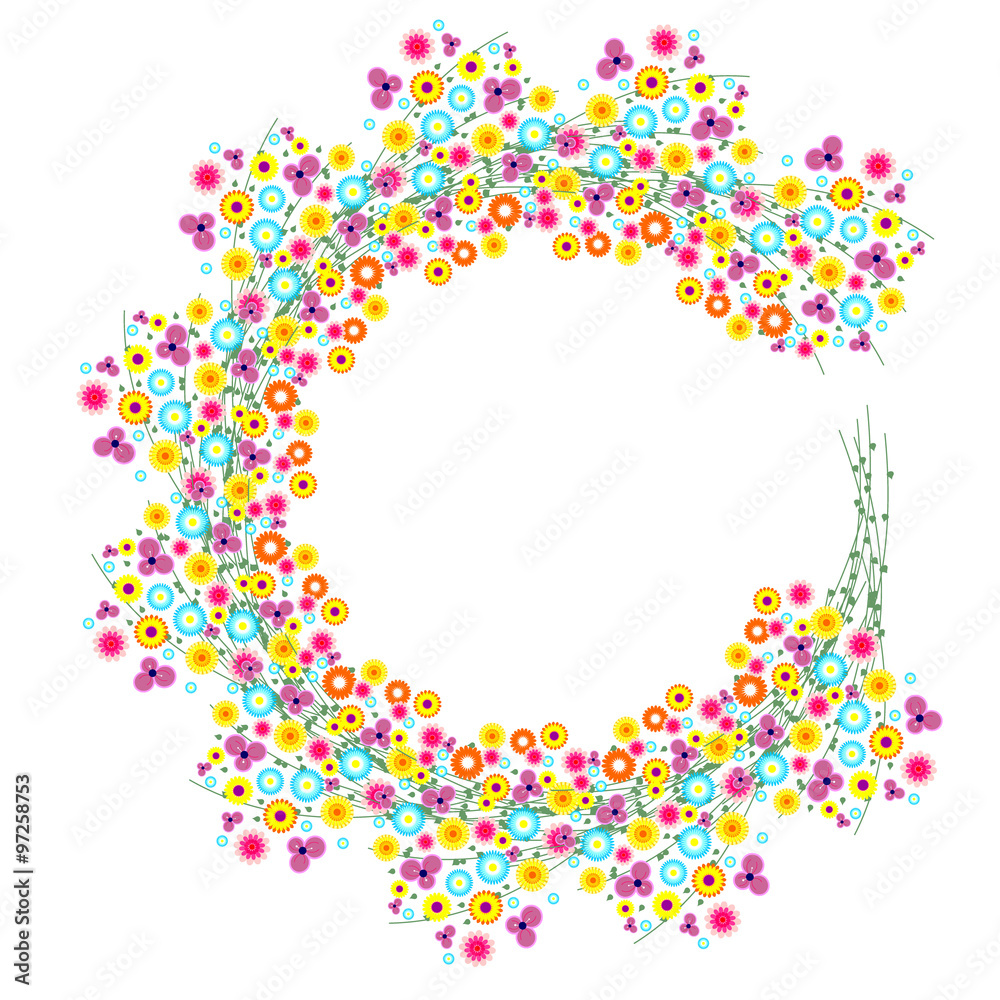 Floral Frame. Colorful flowers arranged in a shape of the wreath. Vector design.