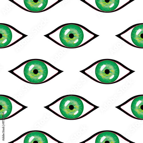 Seamless abstract vector pattern, bright symmetrical background with close-up green eyes over white backdrop