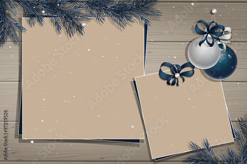 Wooden board with christmas decorations: balls, ribbons and photos or stickers. Christmas pine twigs and spruce branches. Christmas border. Inspiration board. Christmas mockup. Vector, EPS 10.