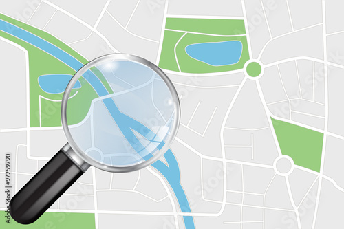 City map and Transparent Magnifying glass. Abstract town plan.  Search icon