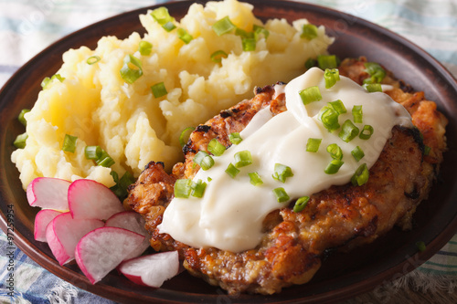 chicken fried steak with mashed potatoes closeup. horizontal
