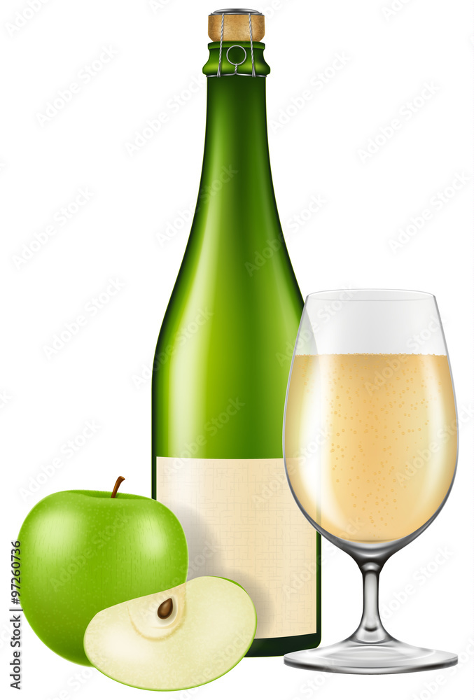 Bottle of apple cider with a glass and an apple. Photo-realistic vector