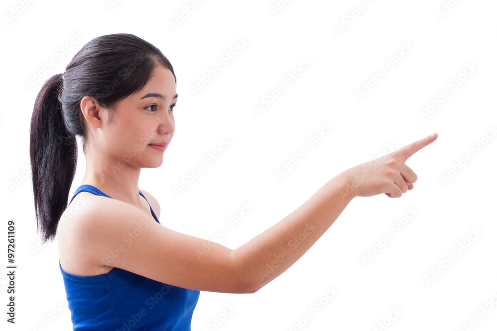 Young woman pointing at something on screen Young woman pointing at something on screen