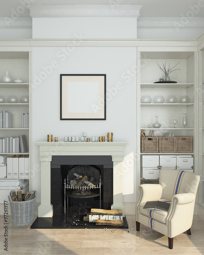 White winter interior,fireplace, books. 3d render