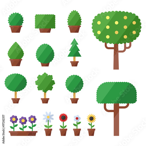 City trees, bushes and flowers vector set. Icons set. Isolated objects. Modern flat design.