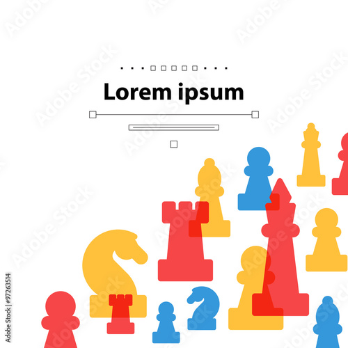 Colorful chess pieces, chess club or school, competition or strategy concept. Cover template.