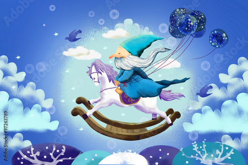 Ilustracja dla dzieci: A stary miły mag leci jadąc na drewnianym koniku na biegunach. Realistyczna fantastyczna historia w stylu kreskówki 