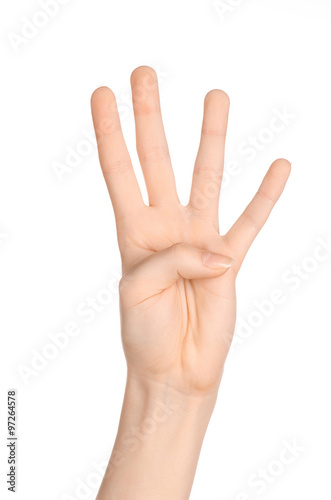 Beauty and Health theme: beautiful elegant female hand show gesture on an isolated white background in studio