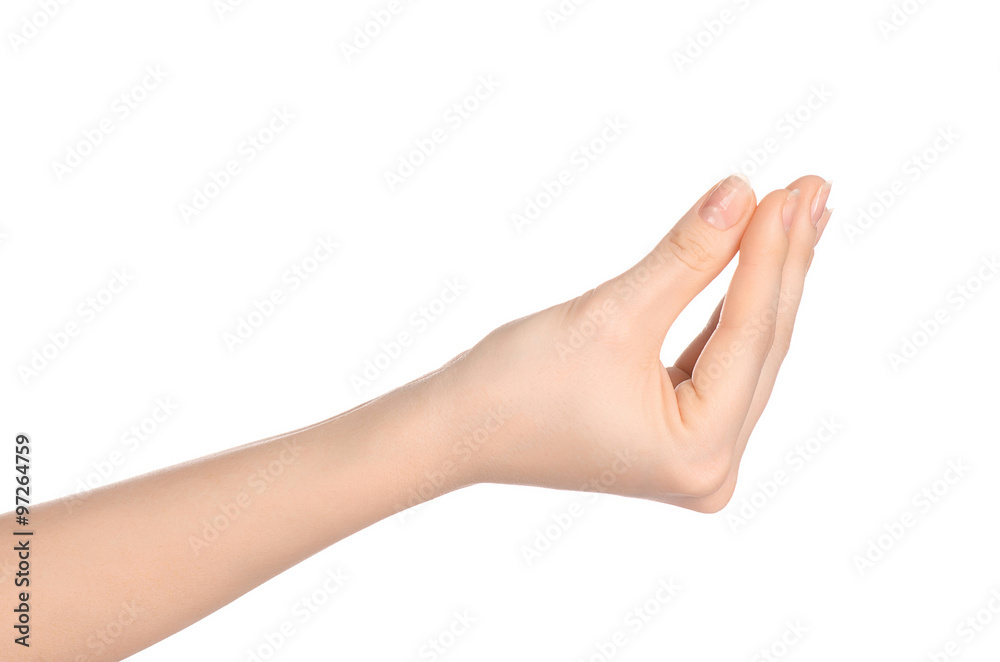 Beauty and Health theme: beautiful elegant female hand show gesture on an isolated white background in studio Beauty and Health theme: beautiful elegant female hand show gesture on an isolated white background in studio