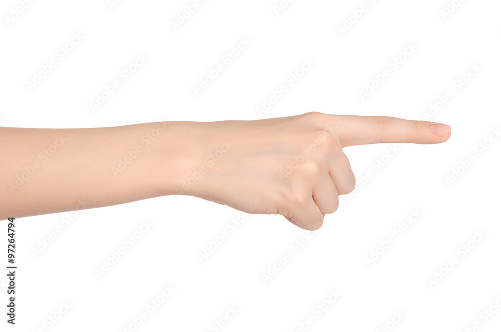 Beauty and Health theme: beautiful elegant female hand show gesture on an isolated white background in studio