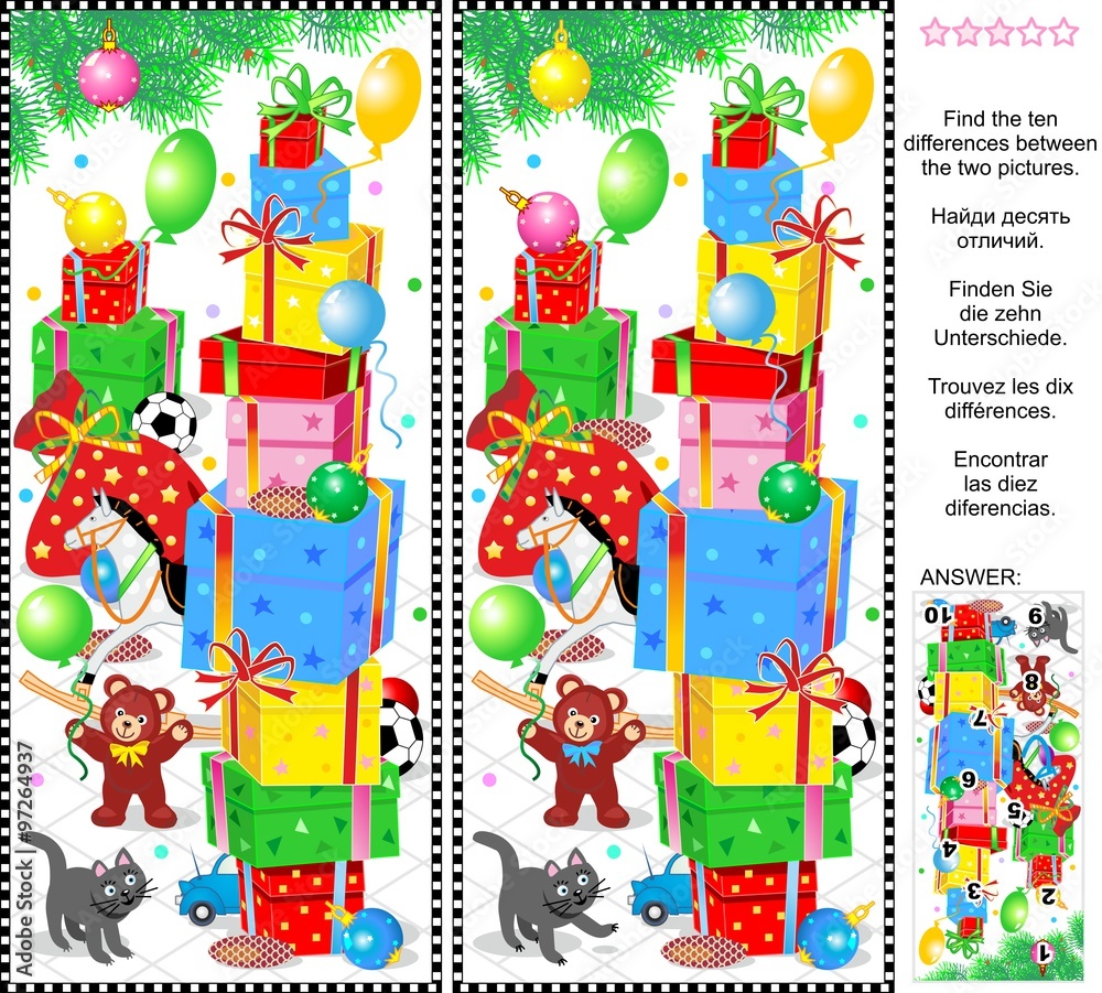 New Year or Christmas visual puzzle: Find the ten differences between the two pictures of holiday presents, toys and ornaments. Answer included.
New Year or Christmas visual puzzle: Find the ten differences between the two pictures of holiday presents, toys and ornaments. Answer included.