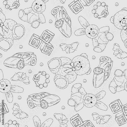 Vector seamless background with hand drawn toys for kids.