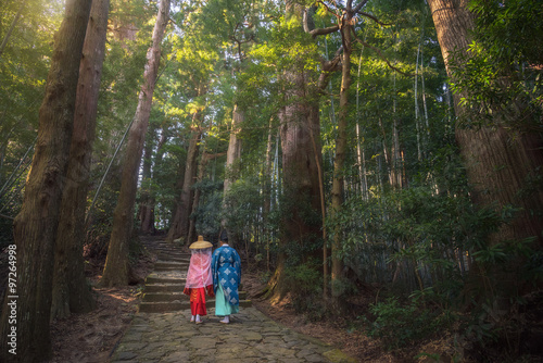 Pilgrim man and woman are hiking up the Daimon-zaka. The route, paved with stone and lined with massive evergreens, leads 600 meters up to the the gates of Nachi Taisha, Wakayama, Japan. photo
