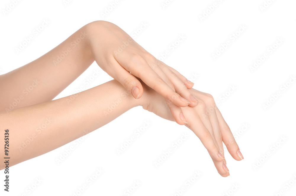 Beauty and Health theme: beautiful elegant female hand isolated on a white background in the studio, using cream advertisement, massage Beauty and Health theme: beautiful elegant female hand isolated on a white background in the studio, using cream advertisement, massage