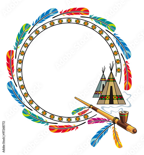 Round frame with native american homes and peace pipe