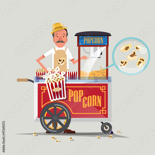 popcorn cart with seller - vector