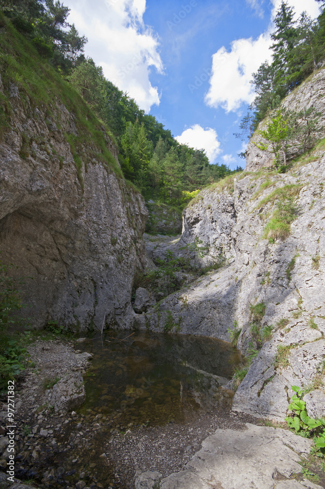 Between large rocks a small puddle Between large rocks a small puddle