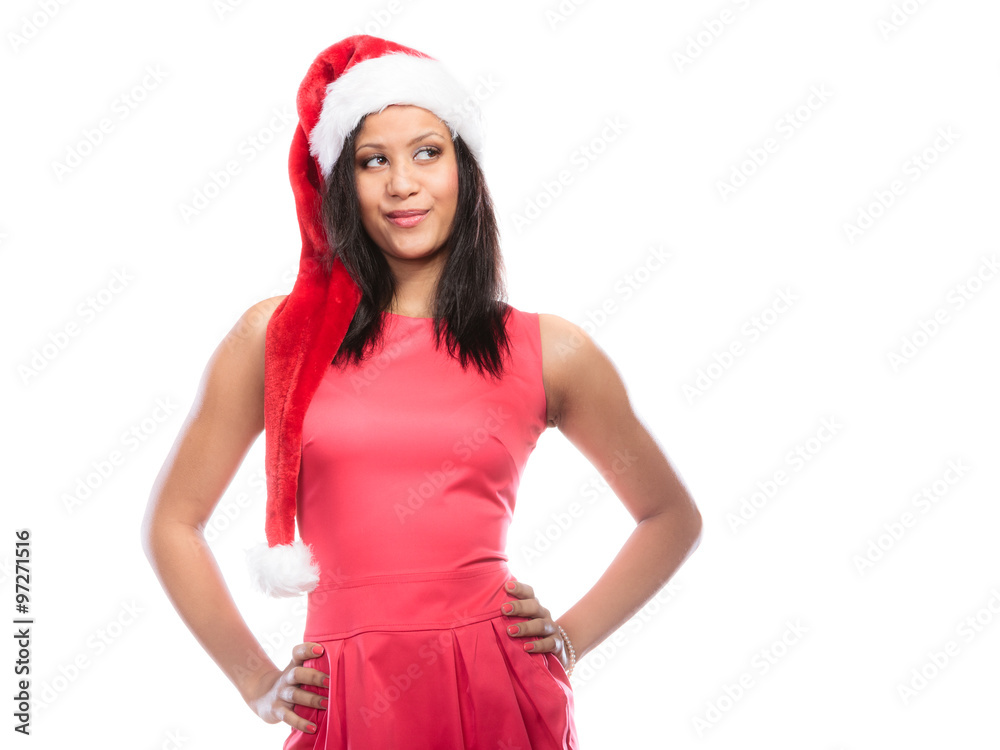 Woman mixed race santa helper hat portrait Woman mixed race santa helper hat portrait