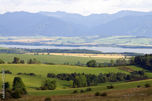 Mountain and lake in distance landscape