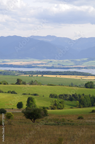 Mountain and lake in distance landscape