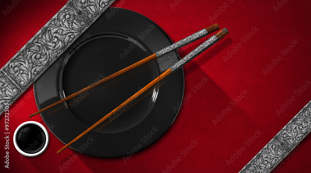 Asian Menu with Silver Floral Bands / Asian food menu with wooden and silver chopsticks, black plate and a bowl of sauce. On a red velvet with silver floral bands Asian Menu with Silver Floral Bands / Asian food menu with wooden and silver chopsticks, black plate and a bowl of sauce. On a red velvet with silver floral bands