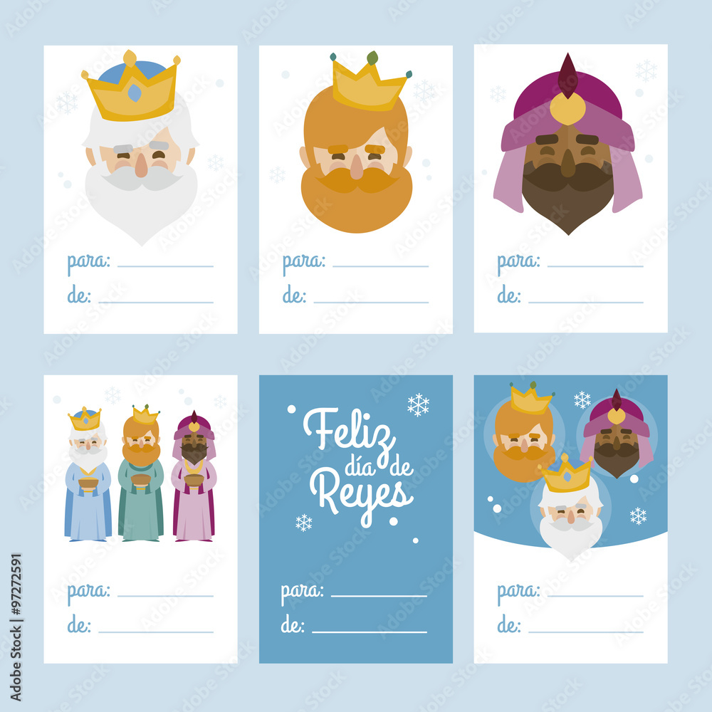 Collection of 6 Christmas card templates. Vector illustration. Template for Greeting Scrap booking, Congratulations, Invitations. Blue. Happy Epiphany written in Spanish
