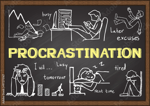 Doodles about procrastination on chalkboard. photo