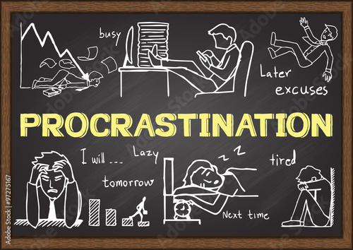 Doodles about procrastination on chalkboard.