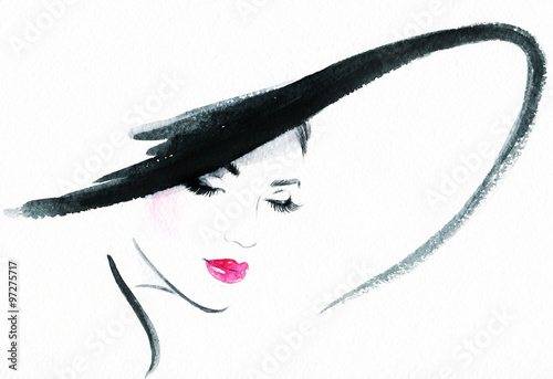 Beautiful face. woman portrait with hat. abstract watercolor .fashion background