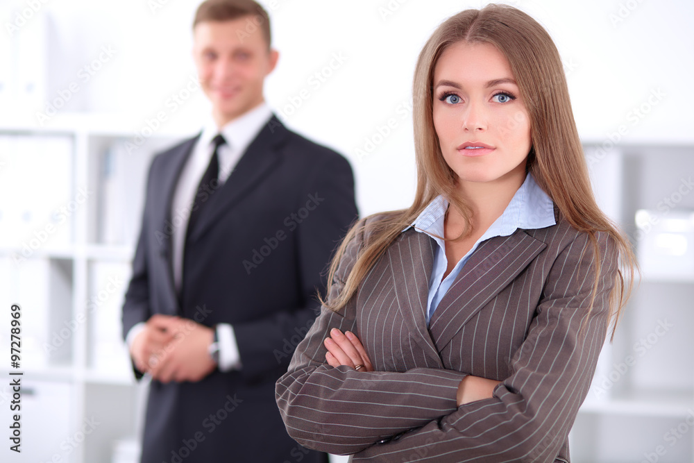 Face of beautiful business woman on the background of business people
