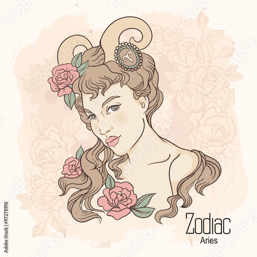 Zodiac. Vector illustration of Aries as girl with flowers. 