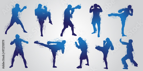 Set of Fighting Sport Pose Men People Silhouettes.