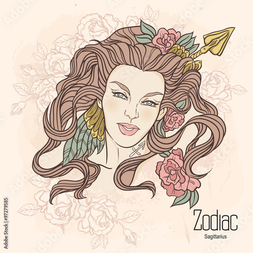 Zodiac. Vector illustration of Sagittarius as girl with flowers.