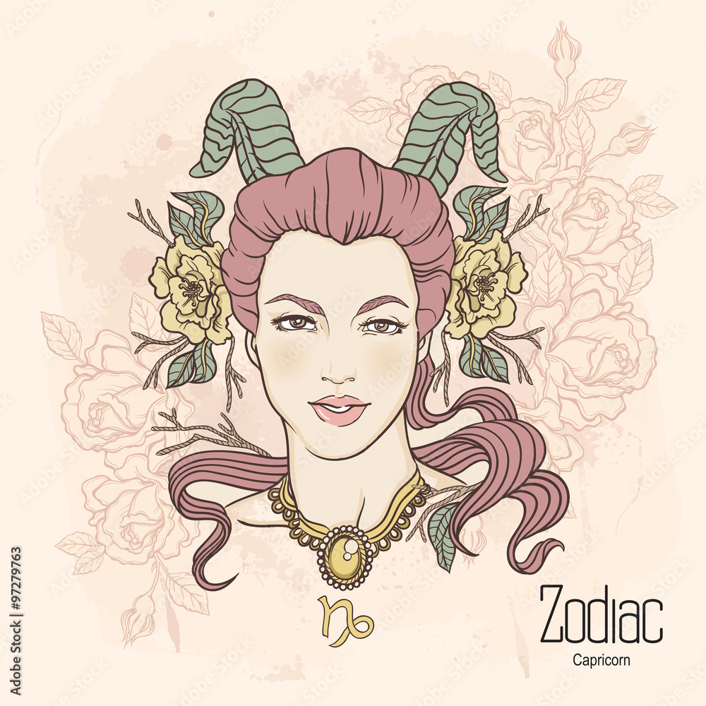 Zodiac. Vector illustration of Capricorn as girl with flowers. 
