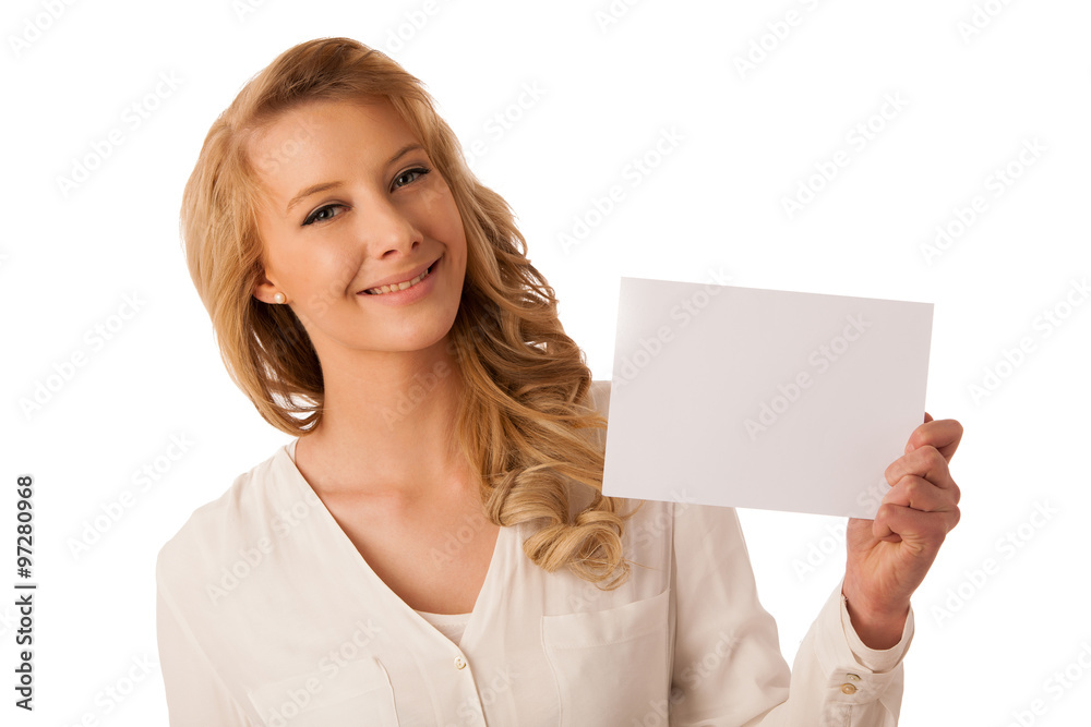 Beautiful young caucasian business woman holding a blank white b Beautiful young caucasian business woman holding a blank white b