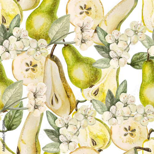Watercolor Pattern with pears and flowers