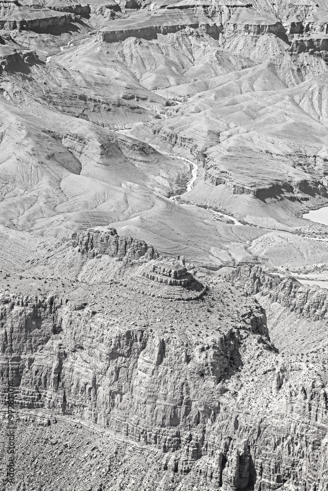 Black and white photo of rock formations in Grand Canyon.