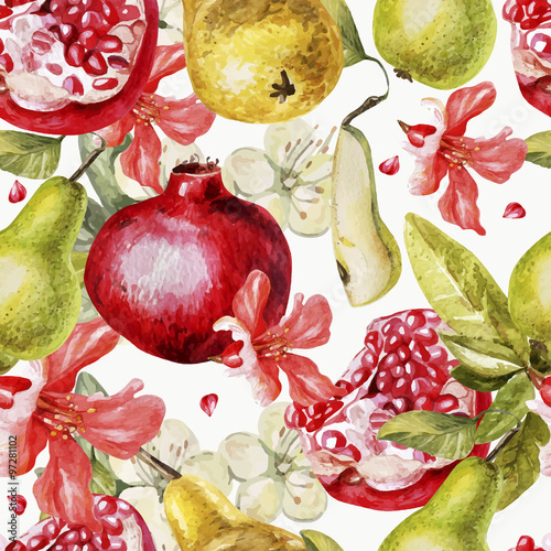Beautiful watercolor pattern with fruits and flowers of pomegranate and pear