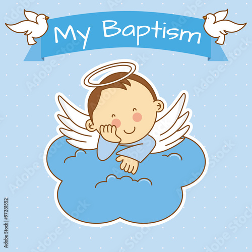 Fotografia Angel wings on a cloud. boy baptism