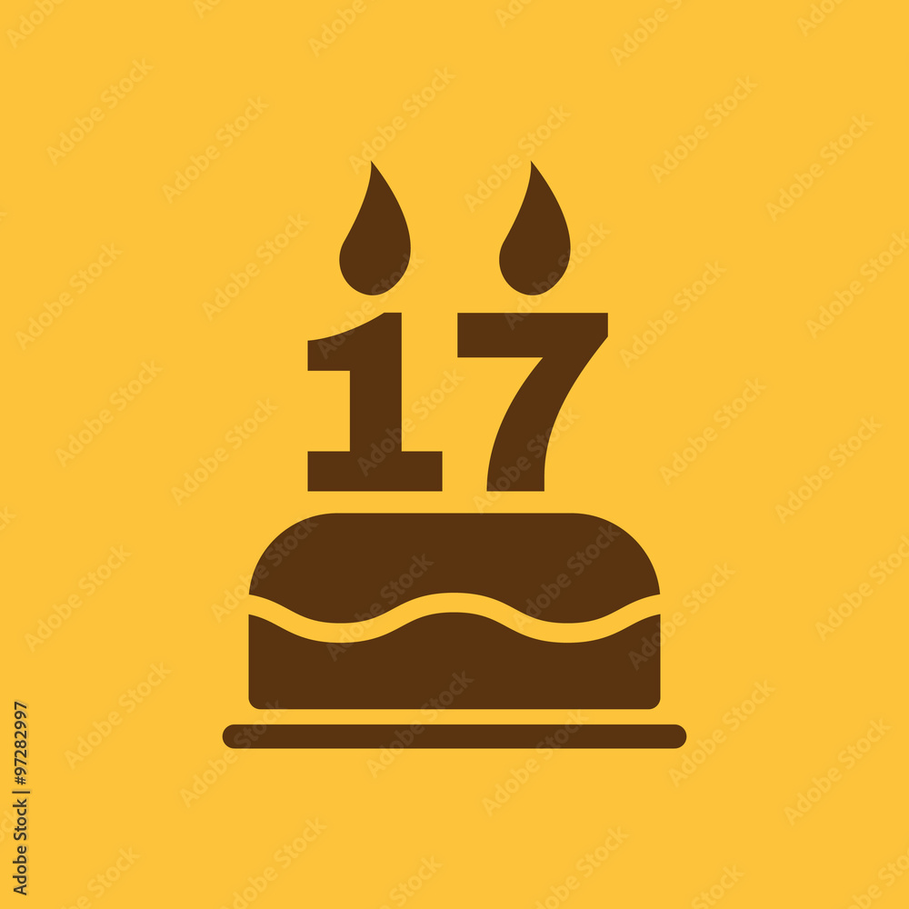 The birthday cake with candles in the form of number 17 icon. Birthday symbol. Flat
